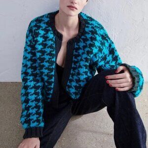 Zara‎ Houndstooth Chunky Blue Black Open Front Cardigan L Slouchy Preppy Casual
